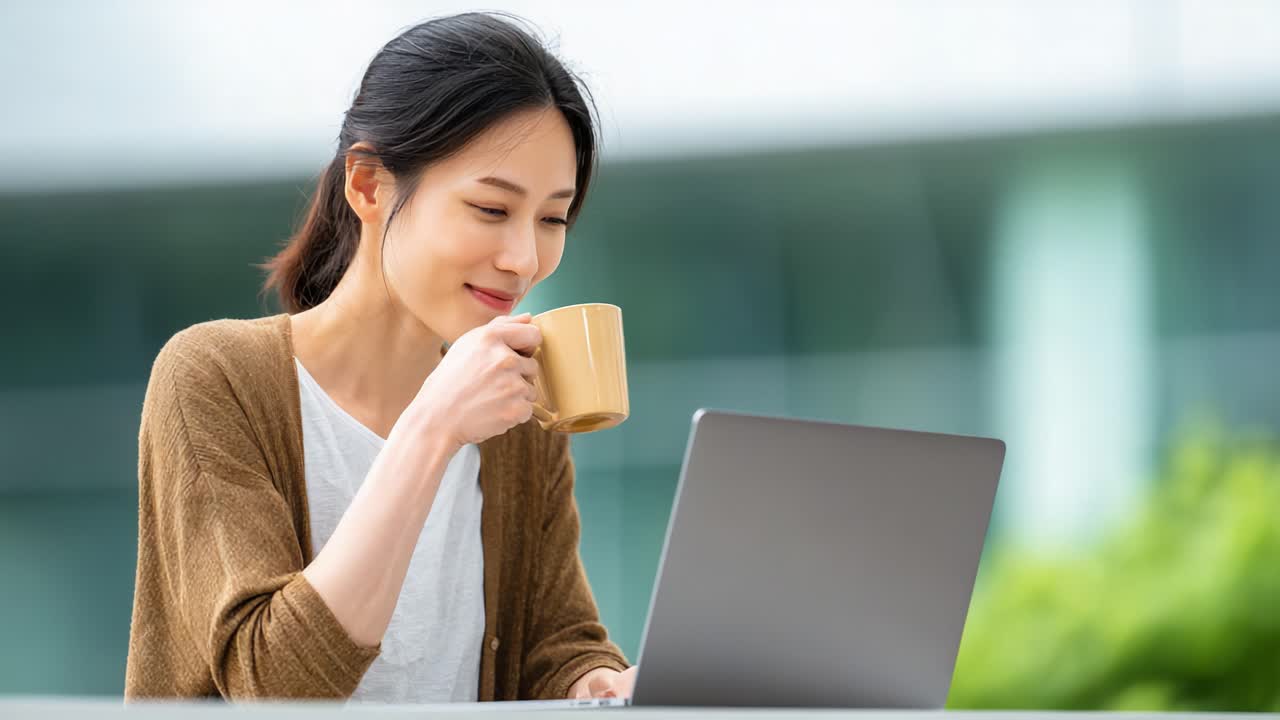 A Woman Enjoys a Moment of Relaxation While Sipping Coffee and Working on Her Laptop in a Bright, Outdoor Setting Surrounded by Lush Greenery