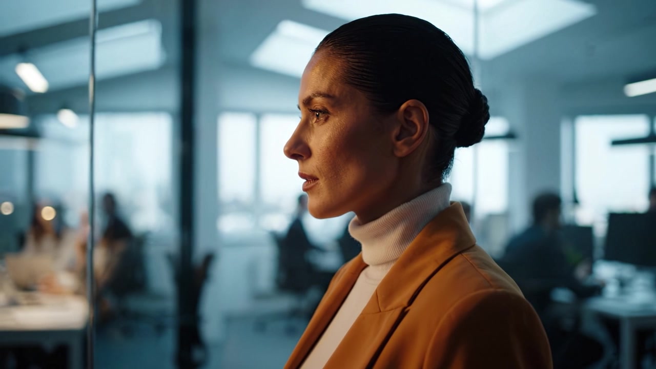A Professional Woman in an Office Environment: Capturing Determination and Focus Amidst a Collaborative Workplace Atmosphere