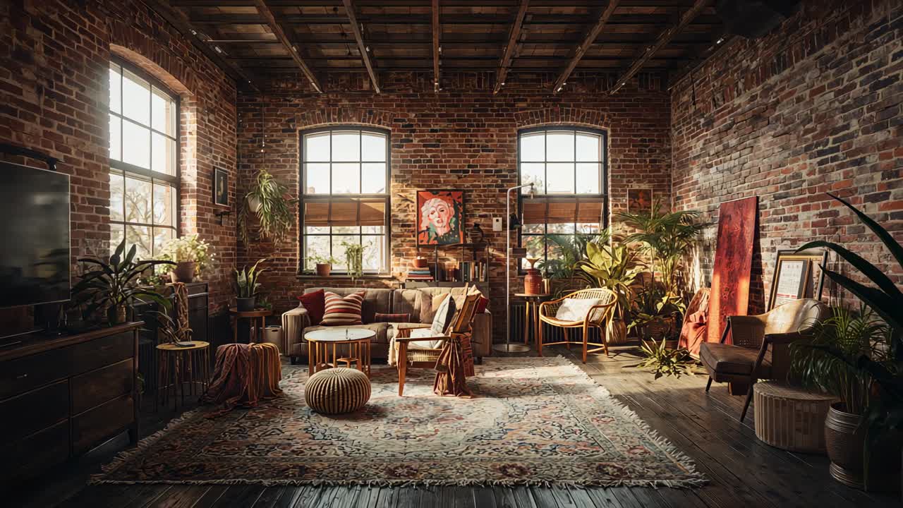 Pushing camera revealing central seating area in loft, highlighting warm light, sofa, rug, plants