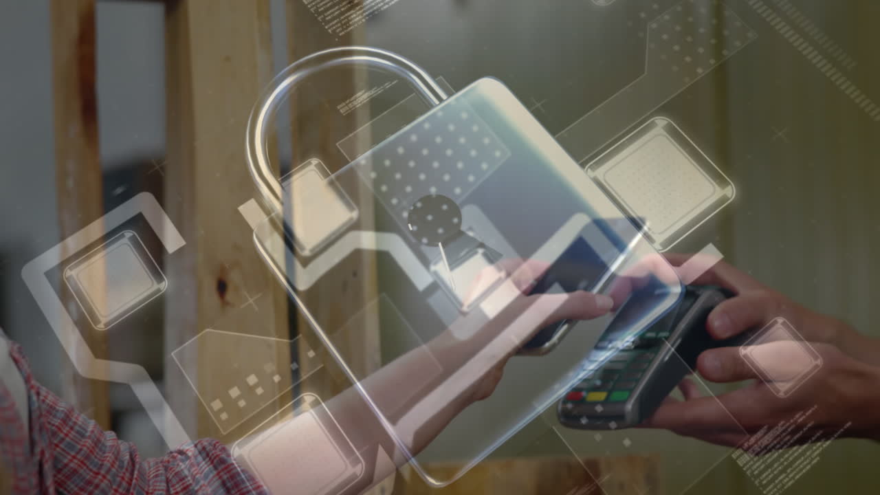 animación del candado de seguridad de la red sobre las personas que utilizan el terminal de pago