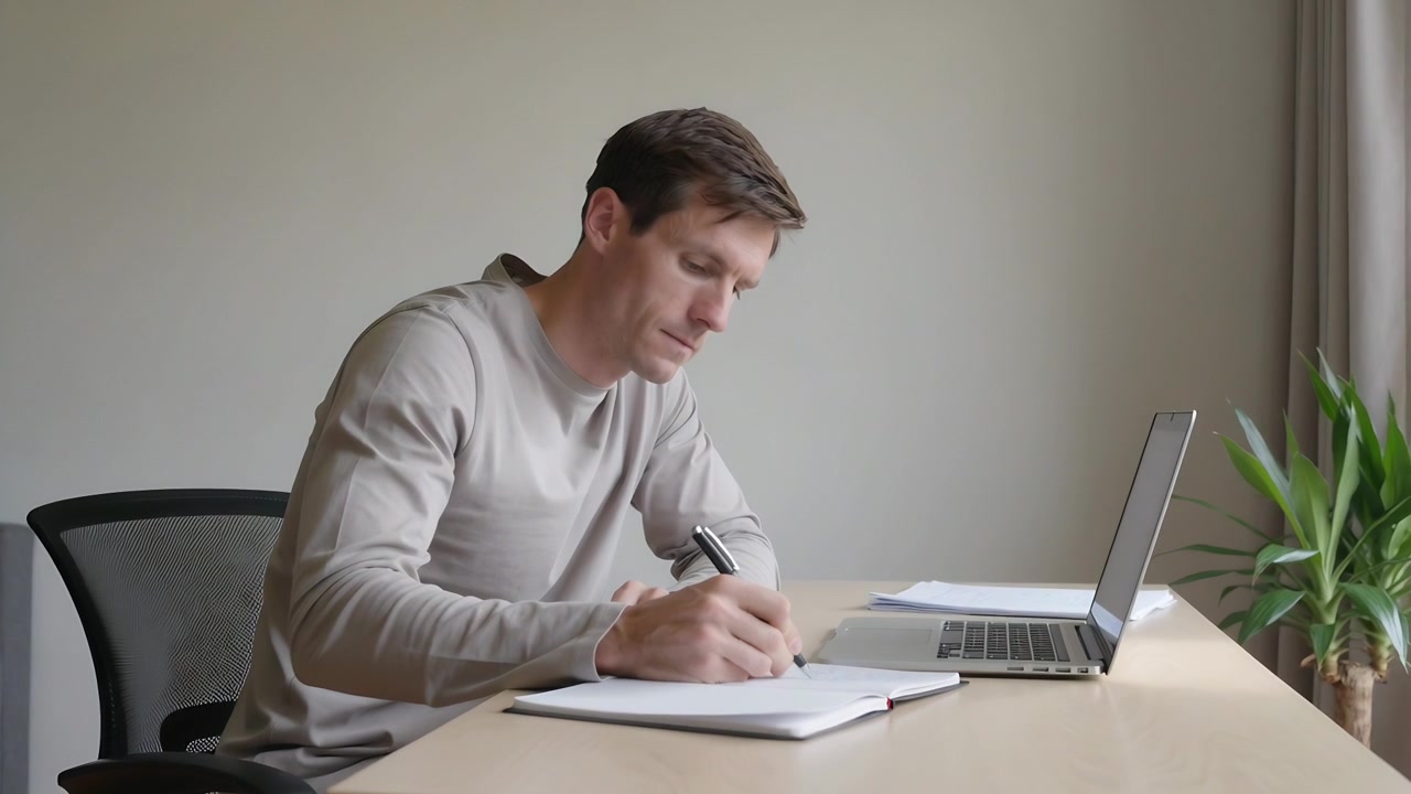 Mann i genser ser på en åpen bærbar PC og skriver i en notatbok for arbeid ved hjemmekontorpulten.