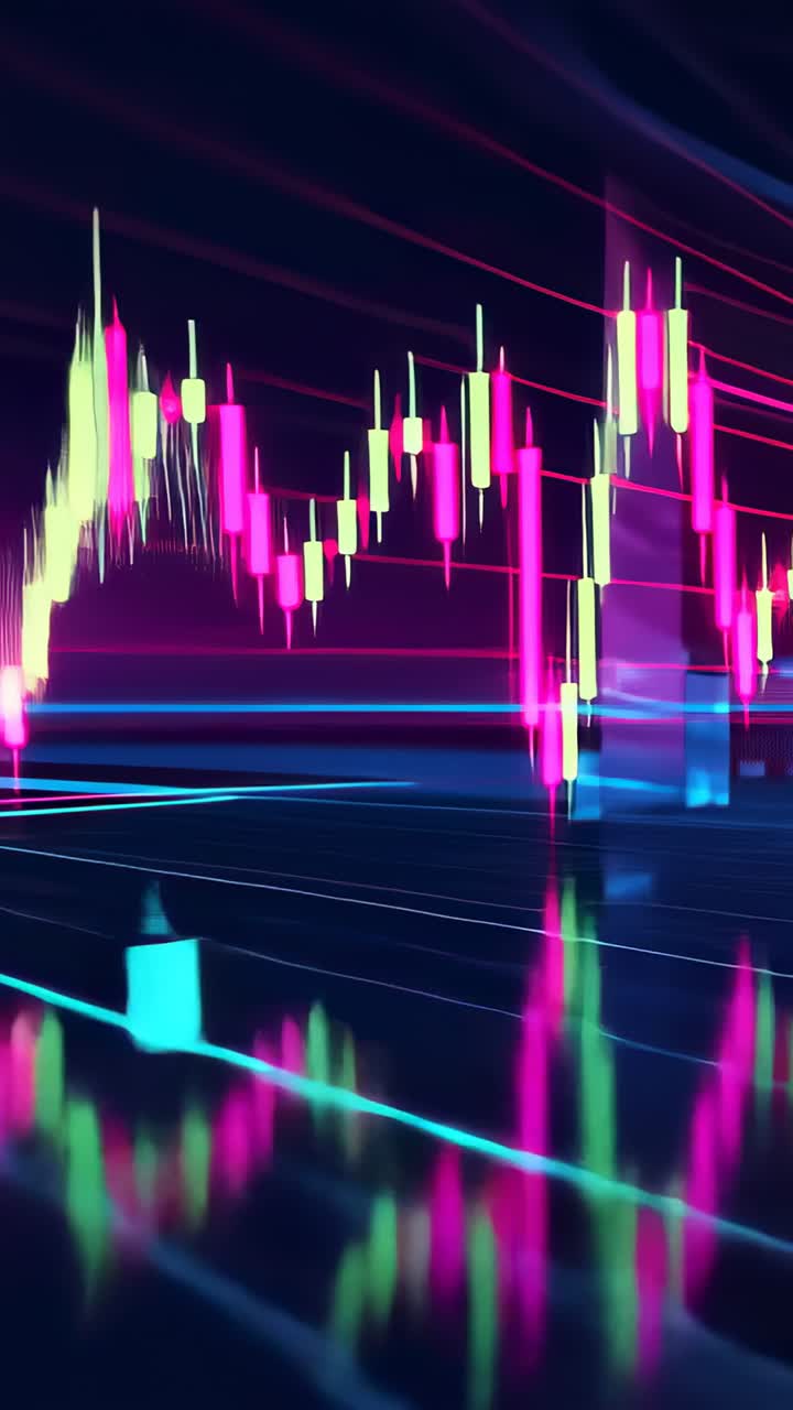 Vertical video: Getting market data, candlestick chart shifting neon bars in grid space with guides