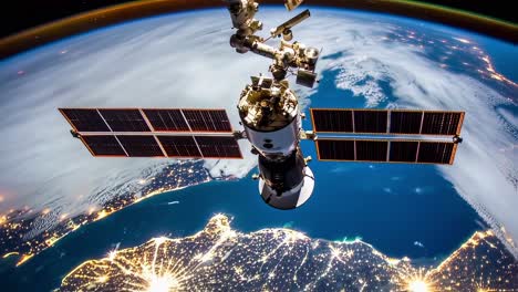 a breathtaking view of a magnificent space station gracefully orbiting our planet earth under the enchanting night sky