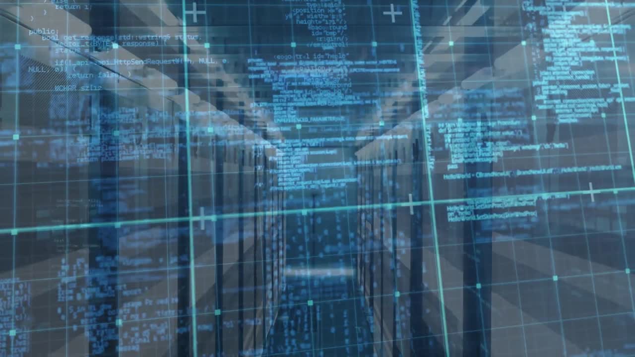 Animation of data processing over grid network against computer server room