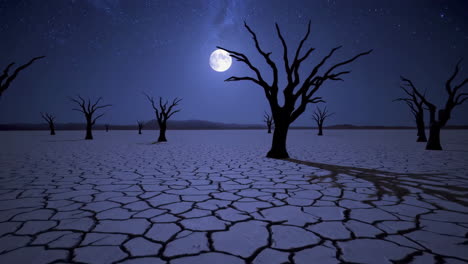 desolate landscape with dead trees and full moon at night