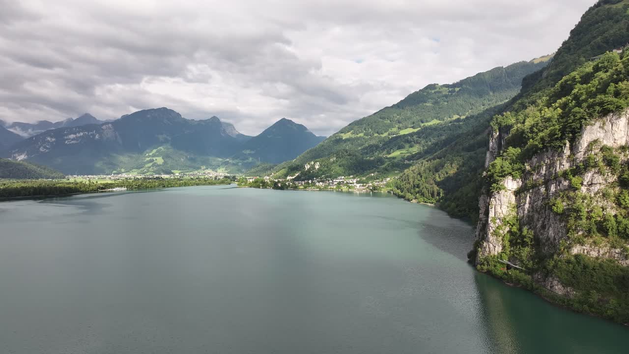 Scenic aerial view of Walensee surrounded by mountains near Seerenbachfälle in Switzerland