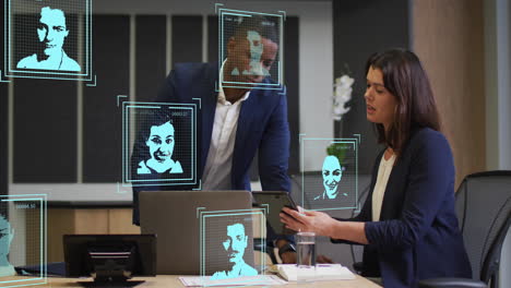 animación de imágenes de perfil digital sobre diversos compañeros de trabajo discutiendo informes en tableta digital
