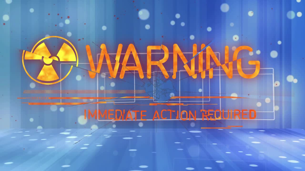 Hazard trefoil appearing, sparking warning headline expanding and subtitle resolving to spur action