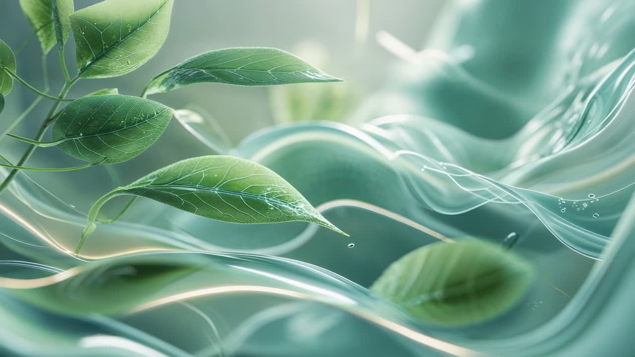 Abstract Green Leaves and Flowing Water Background