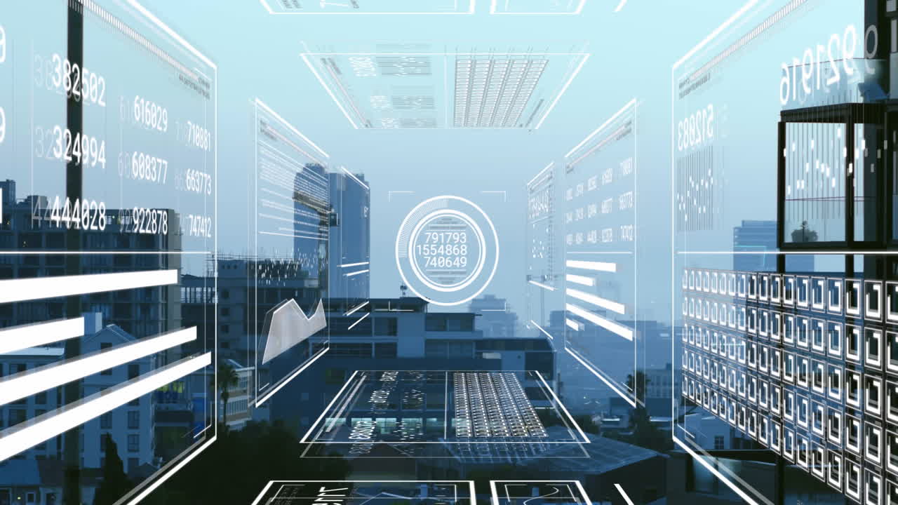 Urban cityscape with digital data and graphs overlay, showcasing futuristic animation