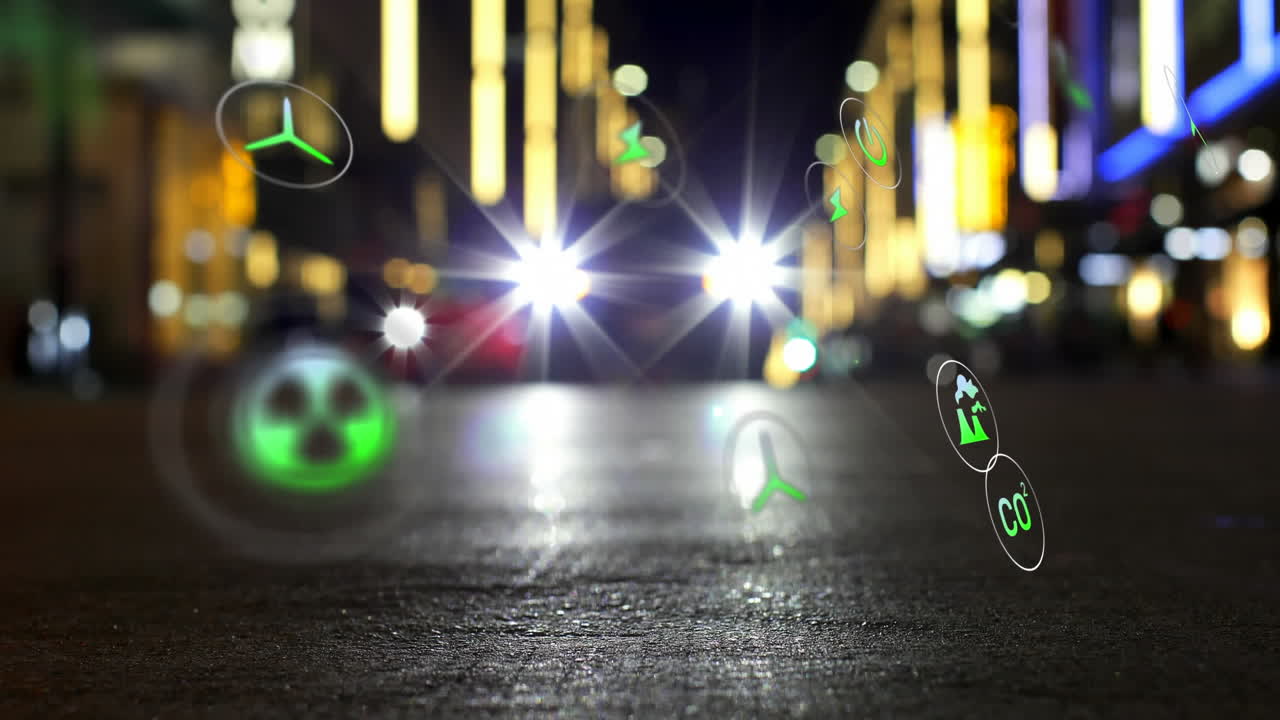 도시의 거리에서 움직이는 차량의 낮은 각도 뷰를 통해 여러 아이콘의 애니메이션