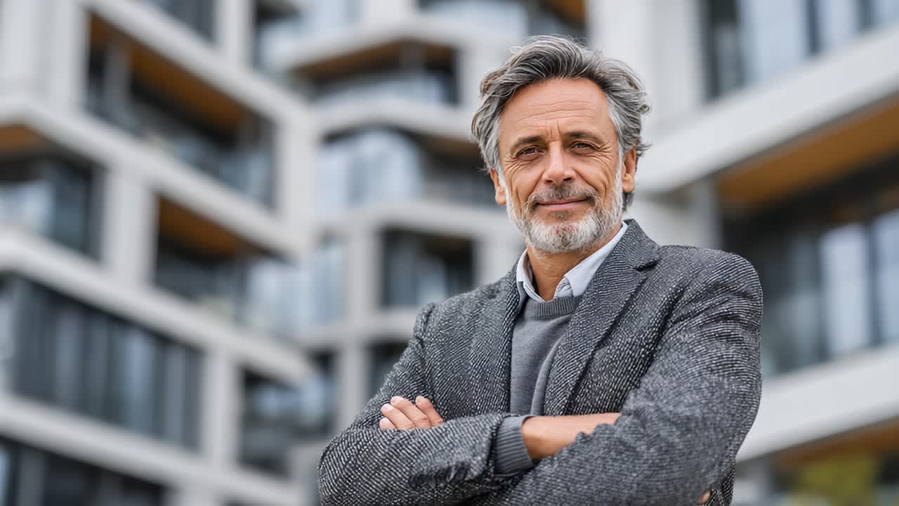 A Confident Man Posing with a Warm Smile in Front of Modern Architecture, Showcasing Professionalism and Charisma in a Stylish Setting