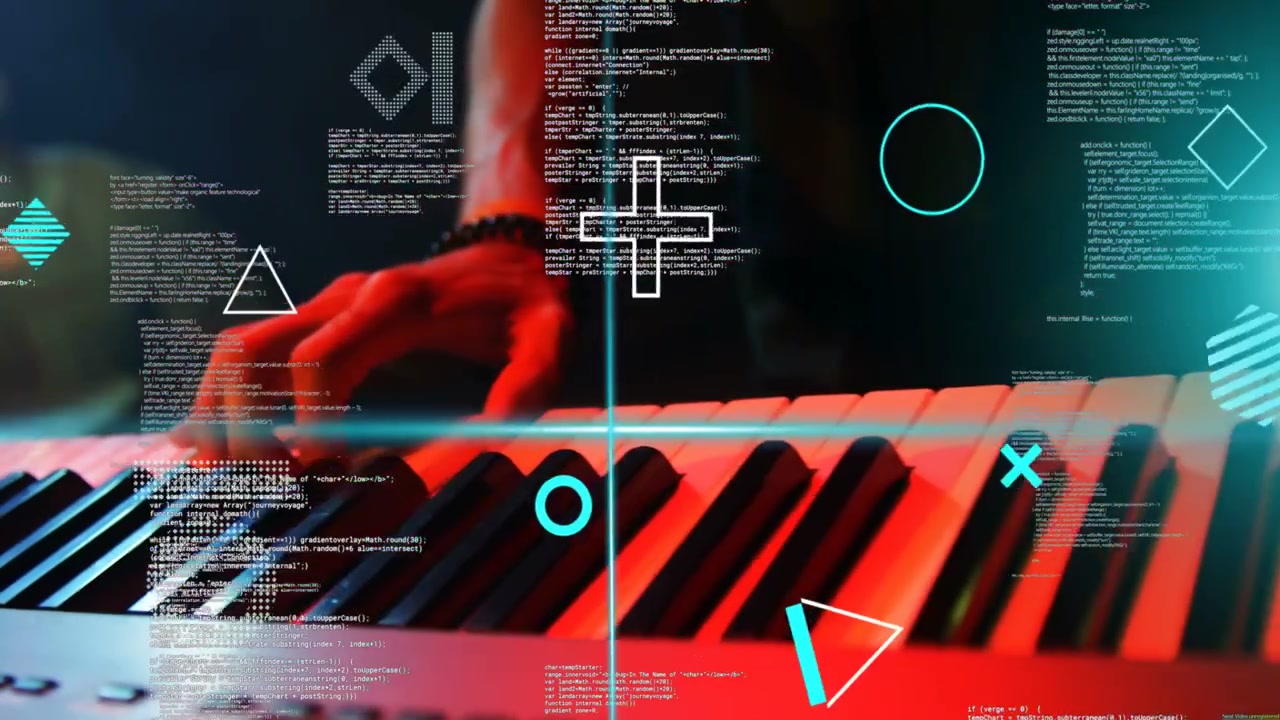 Mano destra di un musicista che entra da sinistra, si libra, preme i tasti, creando un suono di sintetizzatore con scansione HUD.
