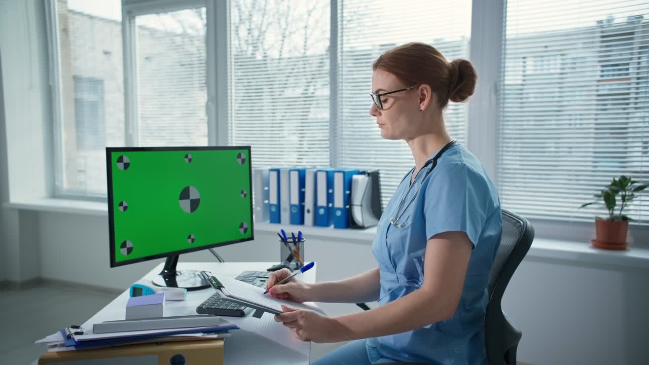 telehealth, terapeuta con gafas usa computadora con gran pantalla verde para hablar a través de internet y toma notas detrás del escritorio en la oficina del hospital