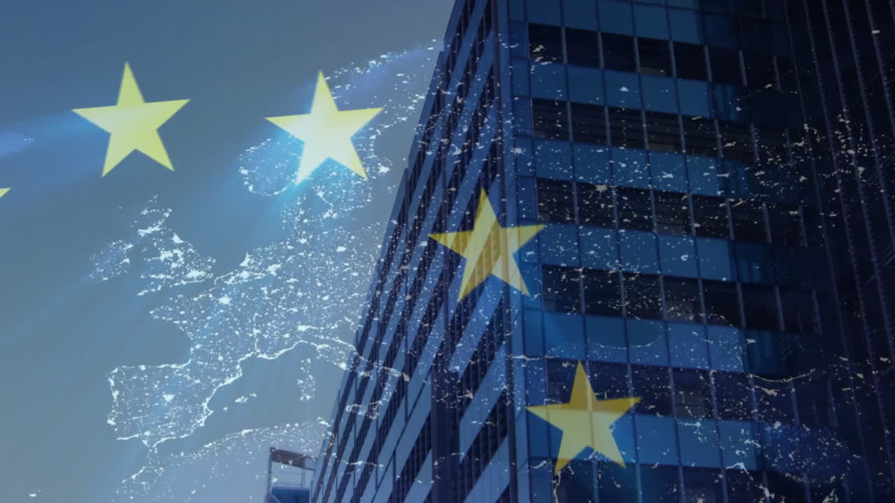 Animazione della bandiera dell'Unione Europea e di una mappa su edifici per uffici in città