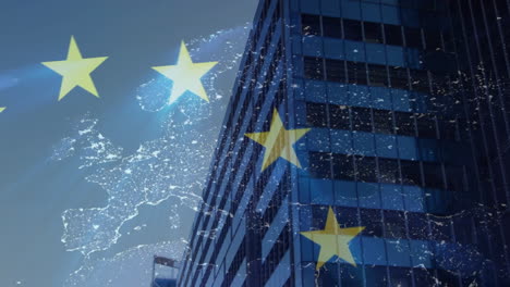 animation of flag of european union and map over office buildings in city