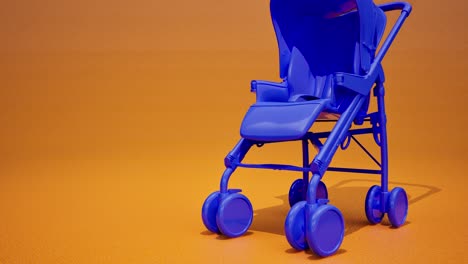 carrito de bebé azul en 3d sobre fondo naranja, animación en 3d, cámara que se aleja lentamente