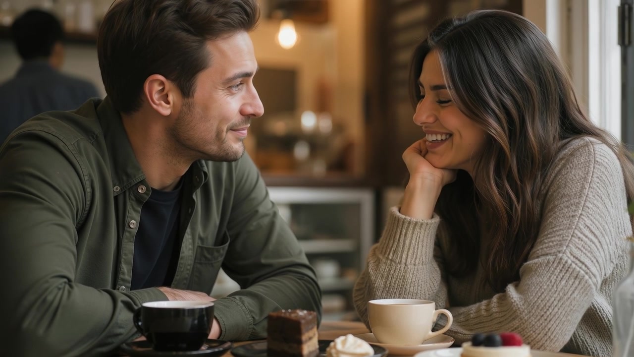 Giovane coppia che ha una conversazione romantica sorseggiando caffè e gustando dessert in un accogliente bar.