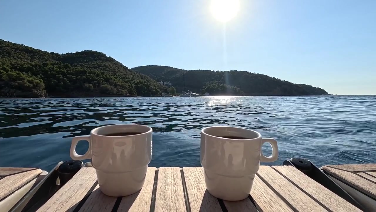 Charmantes Lifestyle-Filmmaterial: Zwei Kaffeetassen auf dem Heck eines Bootes, das vor einer wunderschönen griechischen Insel ankert, mit dem funkelnden Mittelmeer und üppiger Inselkulisse im Hintergrund.