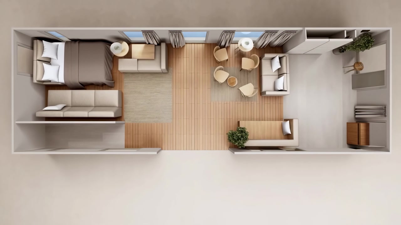 Top-down interior transformation reveals narrow apartment turning from bare floorplan into furnished bedroom and living zones, with warm wood flooring, soft daylight, skylight glow, and modern cozy