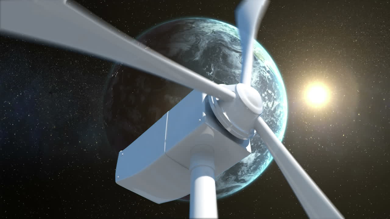 풍차 뒤에 있는 땅과 태양