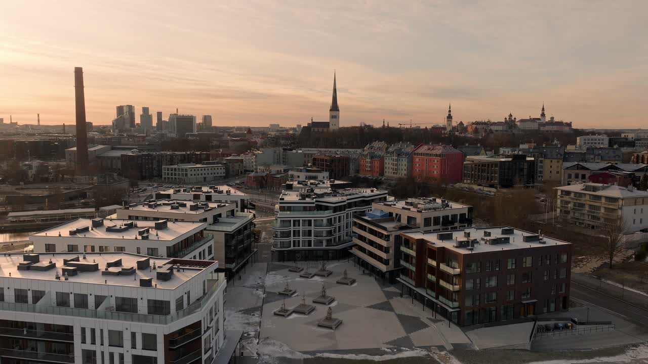 Aerial panoramic view of Tallinn sunrise