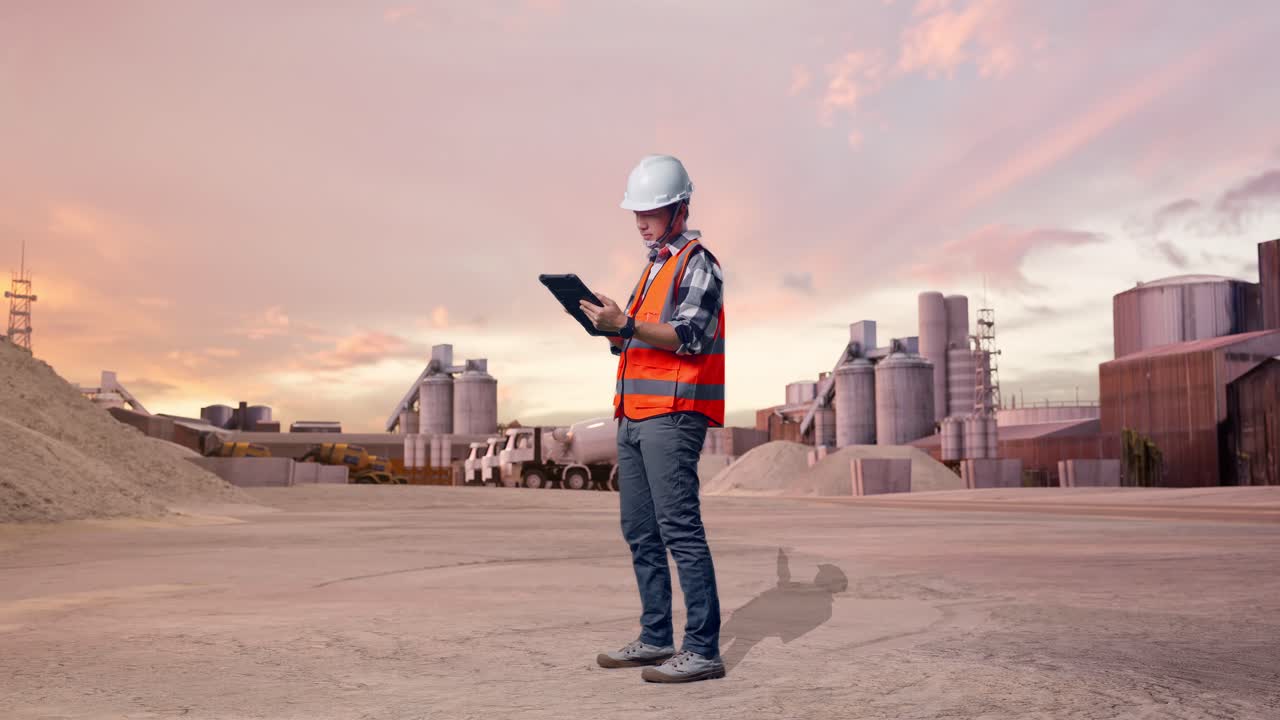 Ingeniero asiático de cuerpo entero de perfil con casco de seguridad, trabajando en una tableta, de pie en una planta de cemento industrial con camiones hormigonera al atardecer.