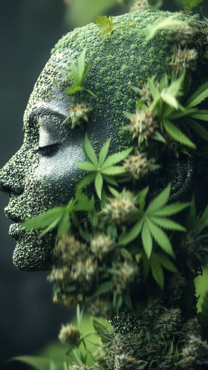 Face adorned with leaves and plants. A woman face is covered in cannabis leaves and buds, creating a striking connection with nature.