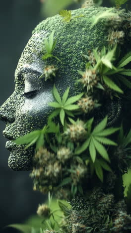 face adorned with leaves and plants. a woman face is covered in cannabis leaves and buds, creating a striking connection with nature.
