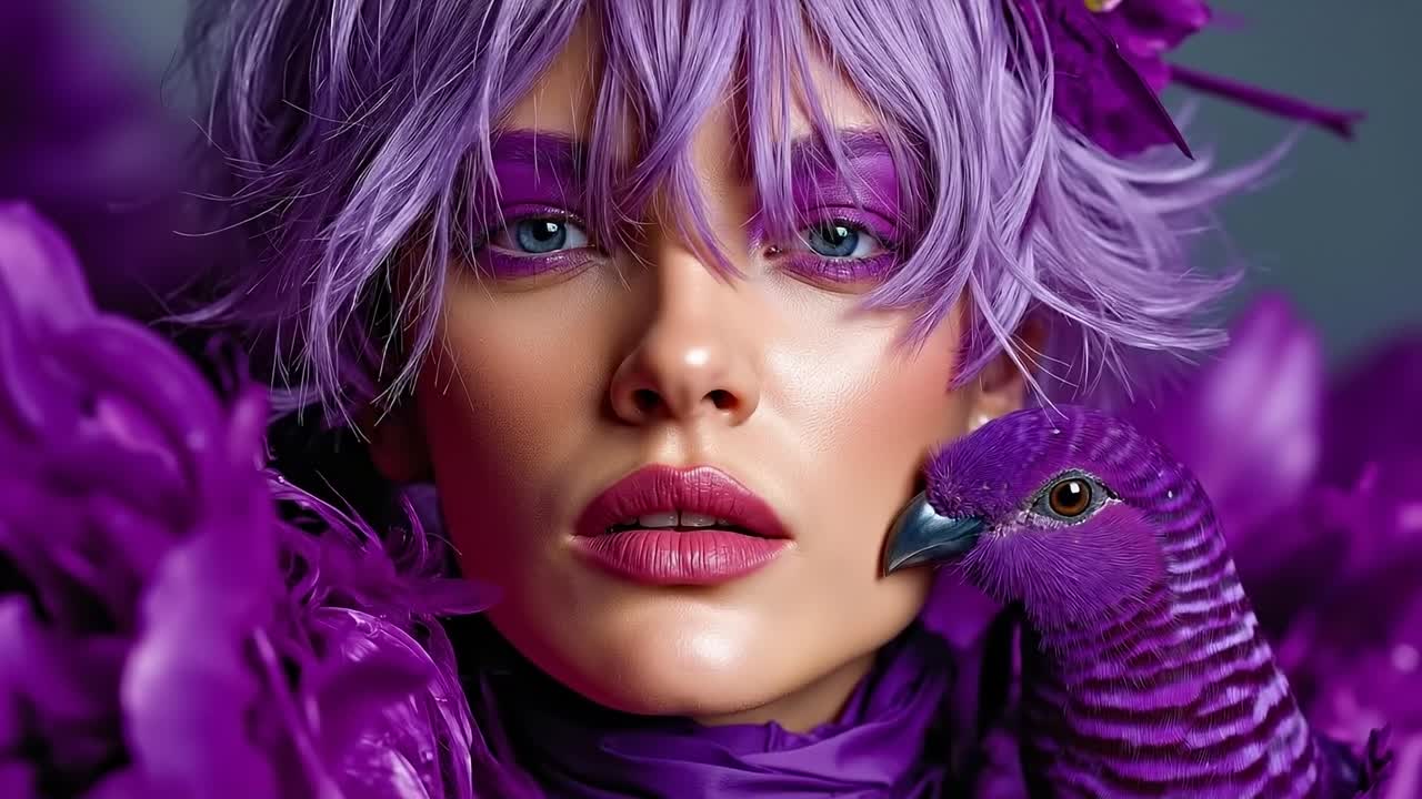 보라색 머리카락과 머리에 새를 가진 여자