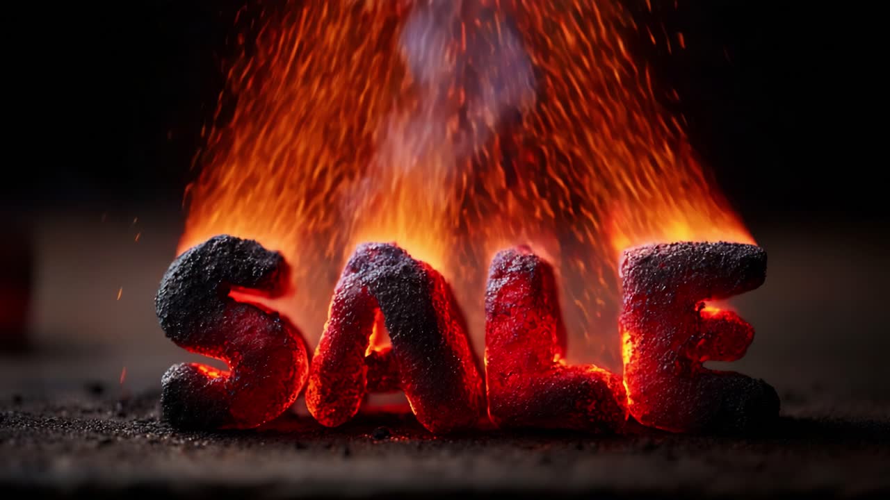 Captivating Magnificence of a Fiery SALE: A Stunning Close-Up of Smoldering Letters Illuminated by Glowing Embers, Symbolizing an Unforgettable Promotional Event