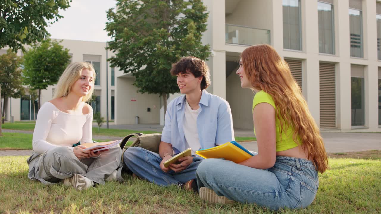 Group of students sitting on the grass on campus