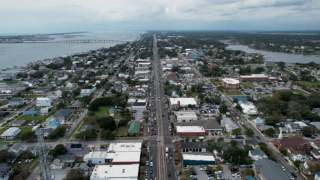 Aerial-shot-of-Downtown-Morehead-City,-North-Carolina