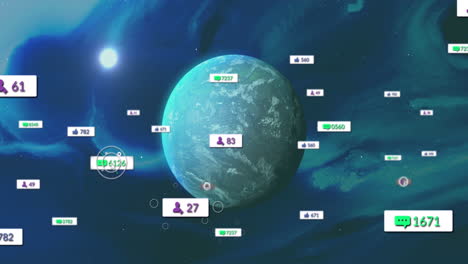 animación de iconos de redes sociales contra el globo giratorio en el espacio