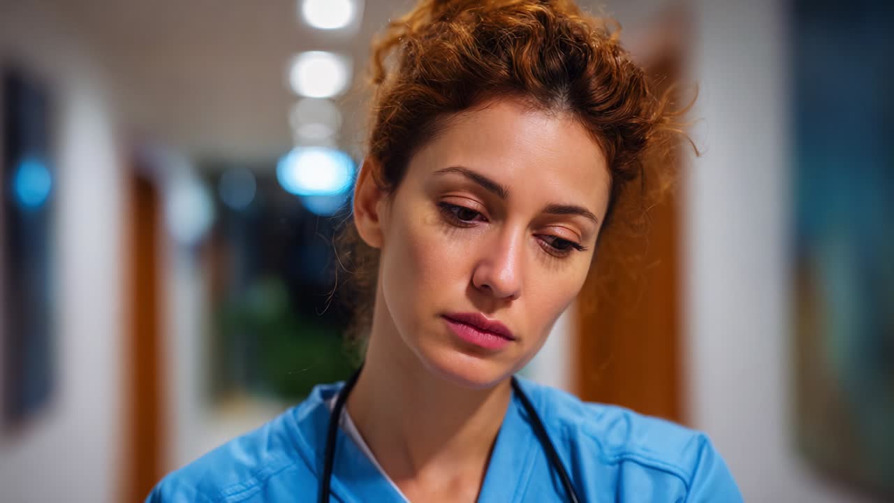 A contemplative healthcare professional stands in a corridor contemplating her responsibilities and challenges while wearing scrubs, displaying a sense of concern, empathy, and determination in her expression