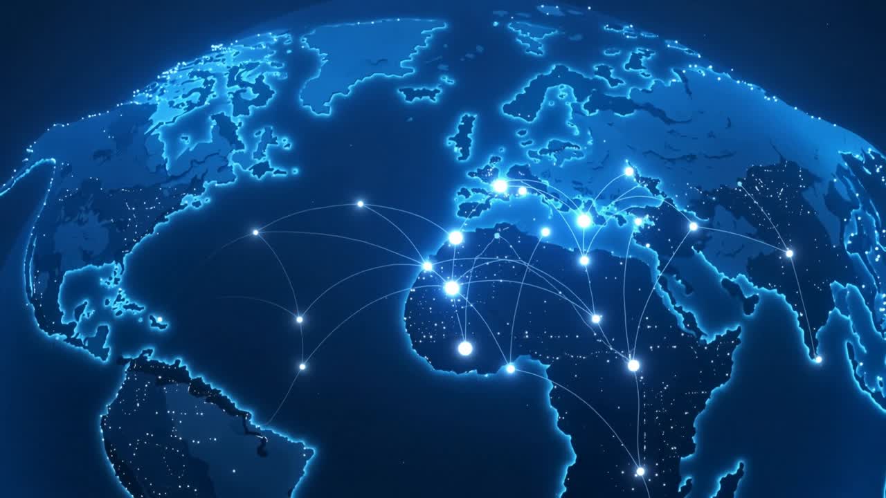 Starting animated stylized globe above North Atlantic, pulsing nodes and mapping data arcs