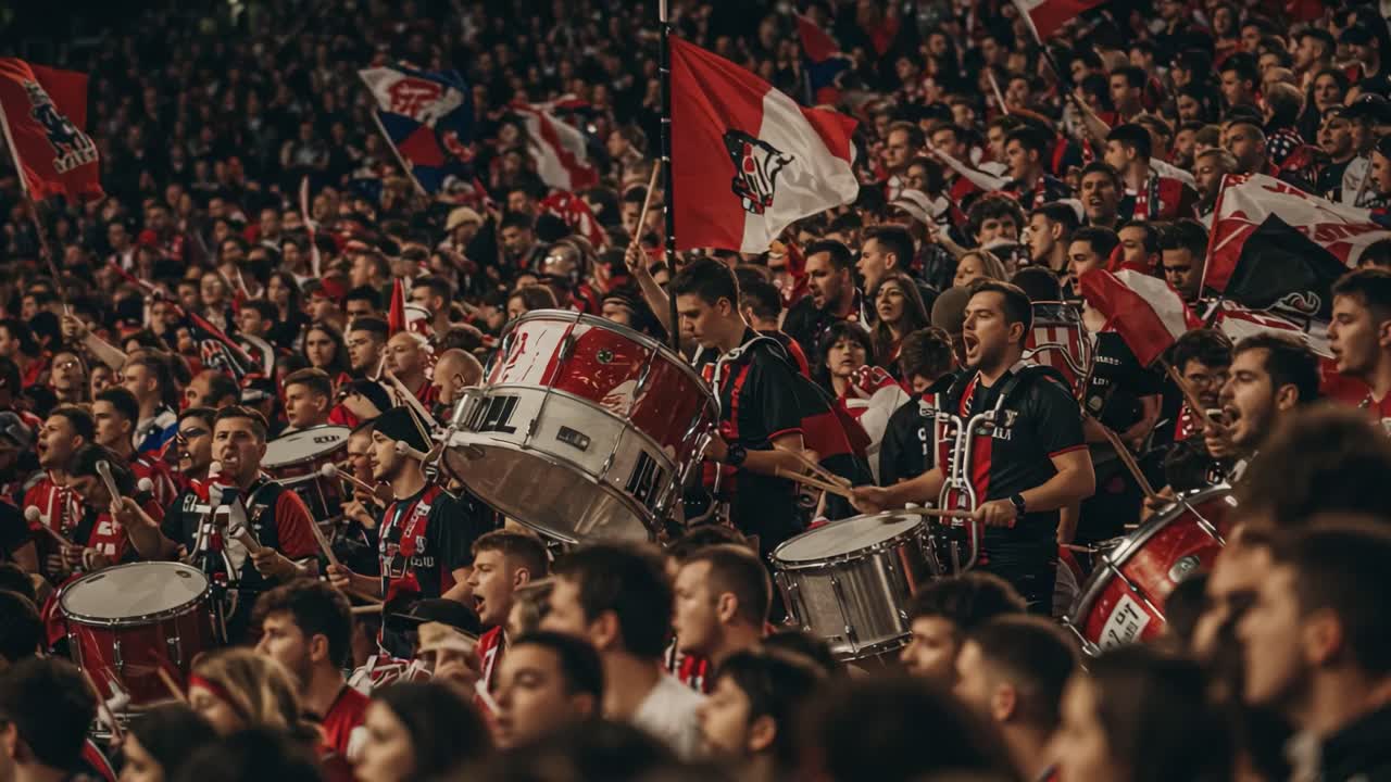 An Electrifying Atmosphere: Passionate Fans Create a Sea of Red and Black with Drums and Flags in an Unforgettable Sporting Event