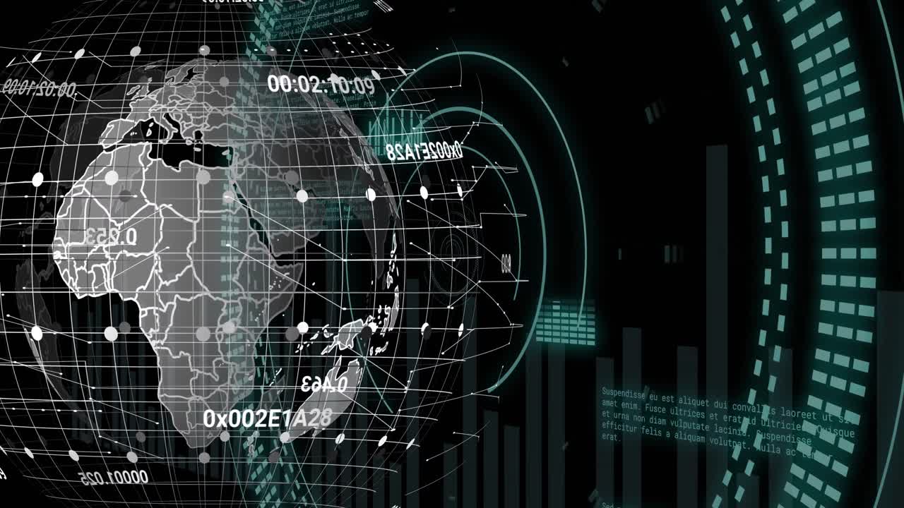 Animation of data processing and globe over scopes scanning