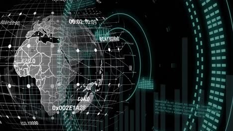 animation of data processing and globe over scopes scanning