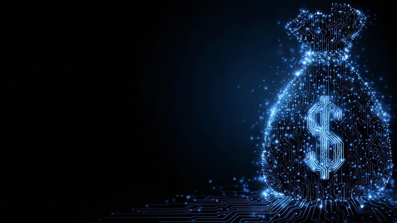 Sicherheit digitaler Währungen: Erkundung der Feinheiten der modernen Finanzlandschaft, dargestellt durch einen futuristischen Geldsack aus Schaltkreismustern