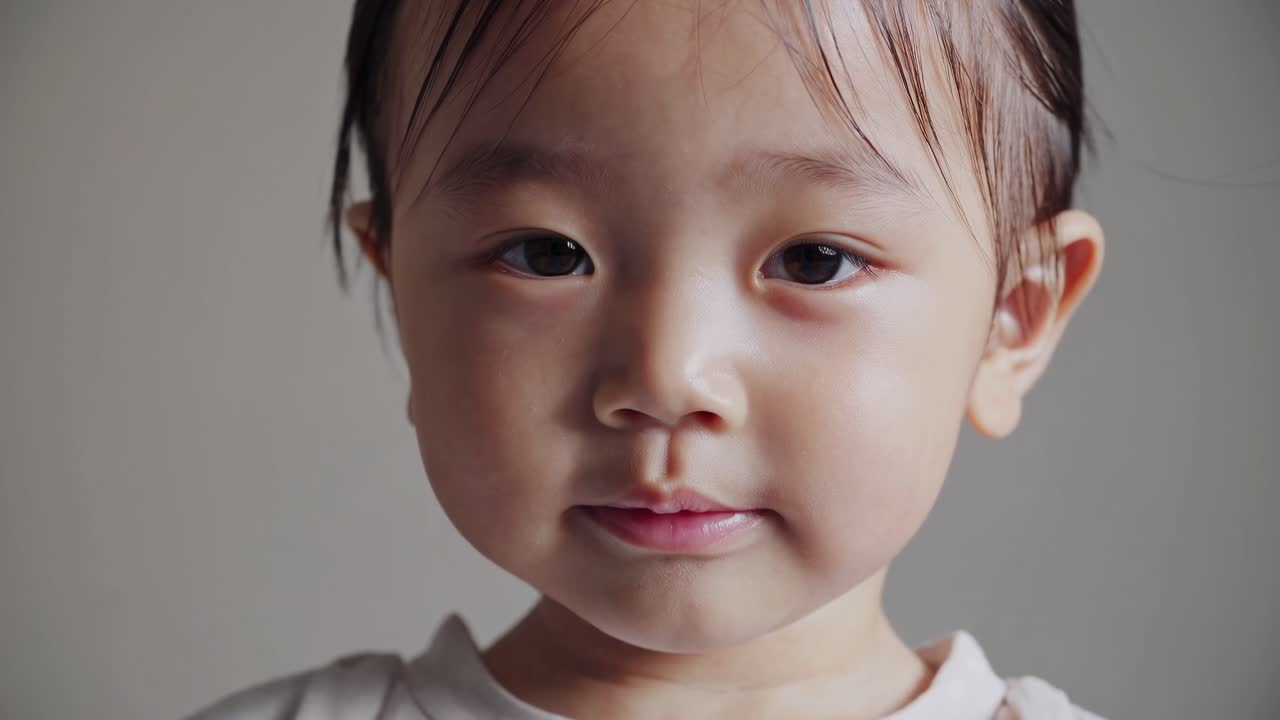 Peaceful korean toddler girl gazing attentively at camera, wearing white shirt, isolated against soft gray background, embodying childhood innocence and serene contemplation
