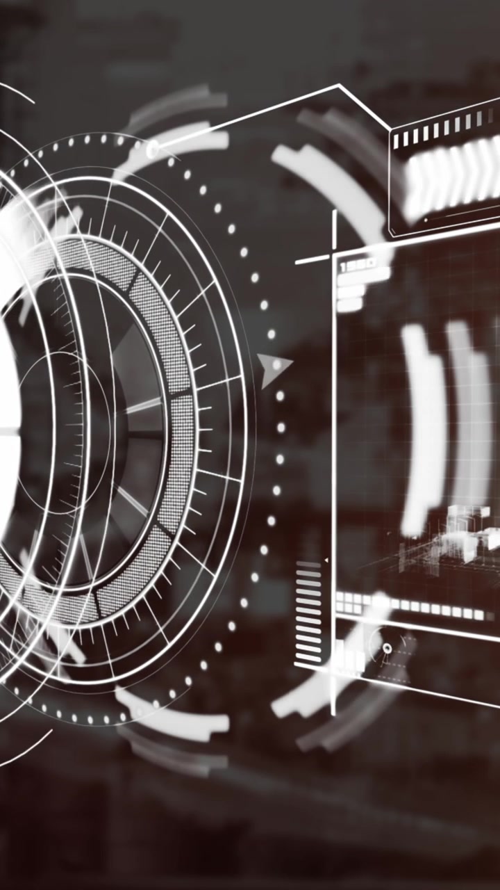 Animazione di un'interfaccia con elaborazione dati sullo sfondo di un cantiere.