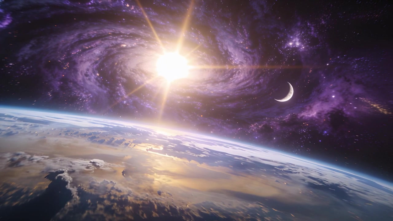 Kamera miring, menunjukkan anggota tubuh yang diterangi matahari bergeser di orbit, menampakkan pantulan laut dengan nebula
