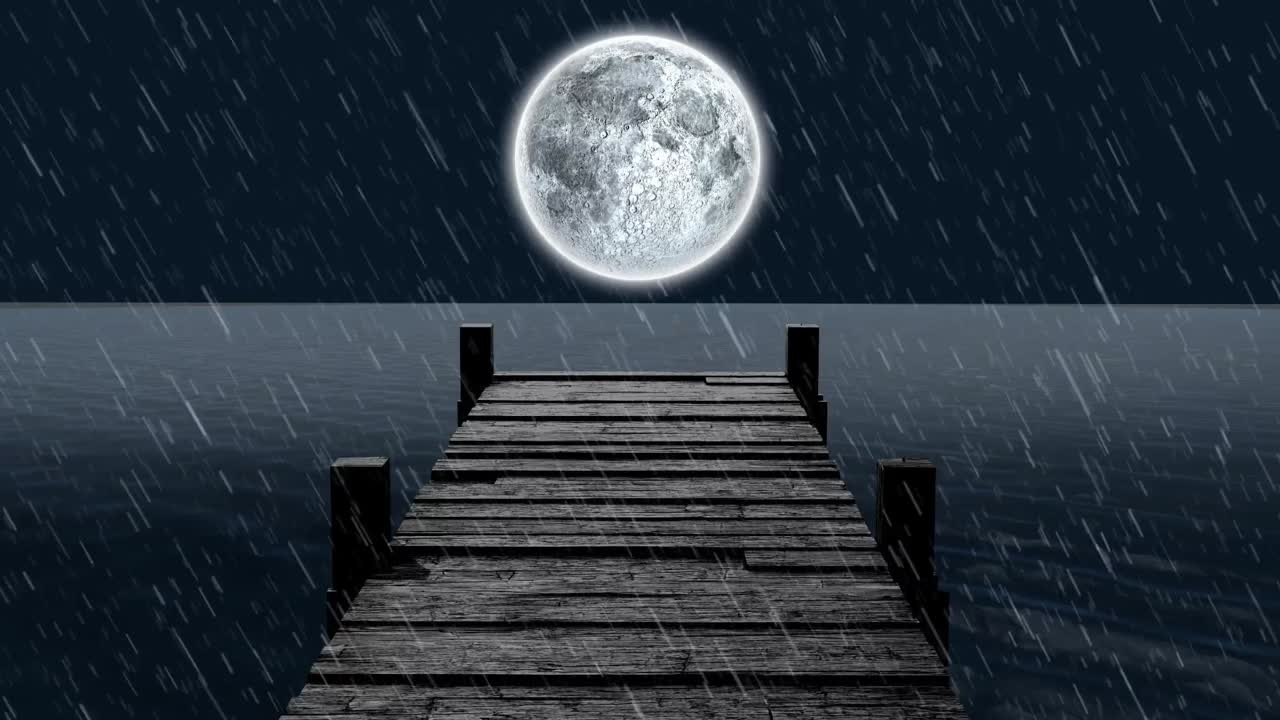 바다 위 에 있는 나무 의 항구 의 애니메이션, 배경 에 있는 밤 하늘 에 있는 비 와 보름달