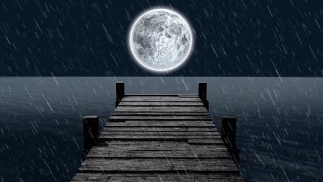 Animación-De-Un-Embarcadero-De-Madera-Sobre-El-Mar,-La-Lluvia-Y-La-Luna-Llena-En-El-Cielo-Nocturno-De-Fondo