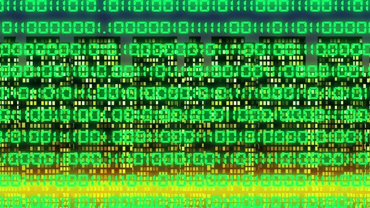 Zeri e uno che cambiano sullo sfondo della città notturna. Codice digitale. Movimento in loop.