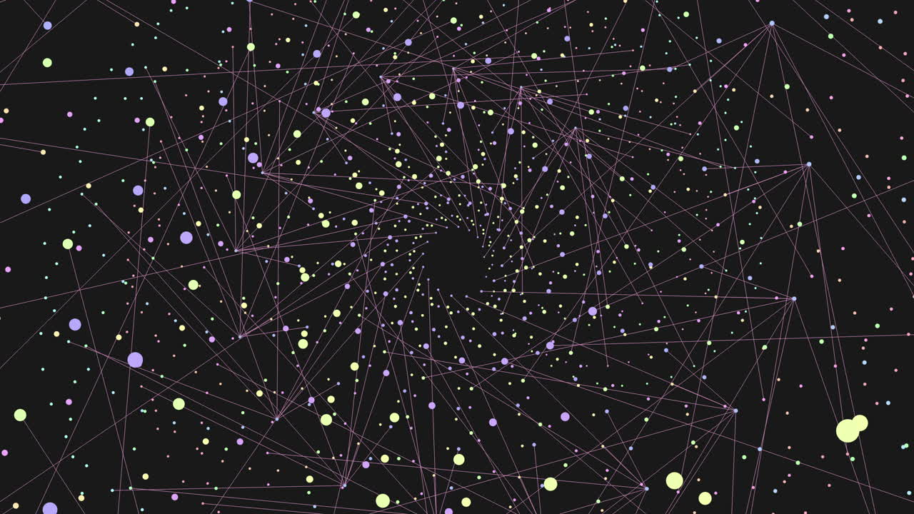 Spiral fantasy shapes with neon rainbow glitters in dark galaxy