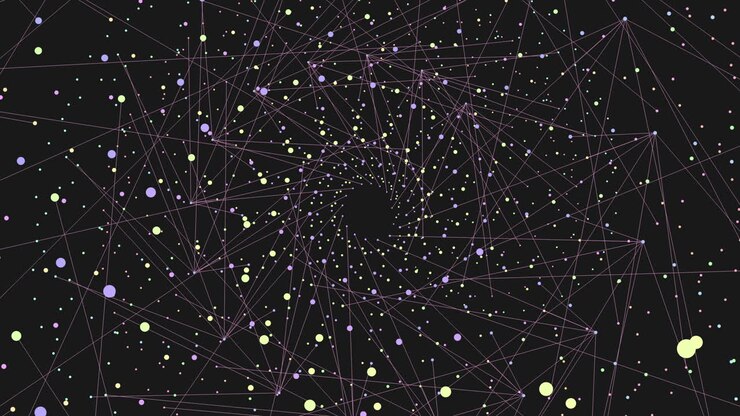 Spiral fantasy shapes with neon rainbow glitters in dark galaxy