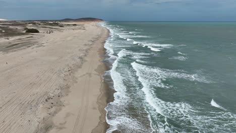 panoramic aerial of wide sandy beach with rolling waves, flyover shoreline at jericoacoara, ceará, brazil