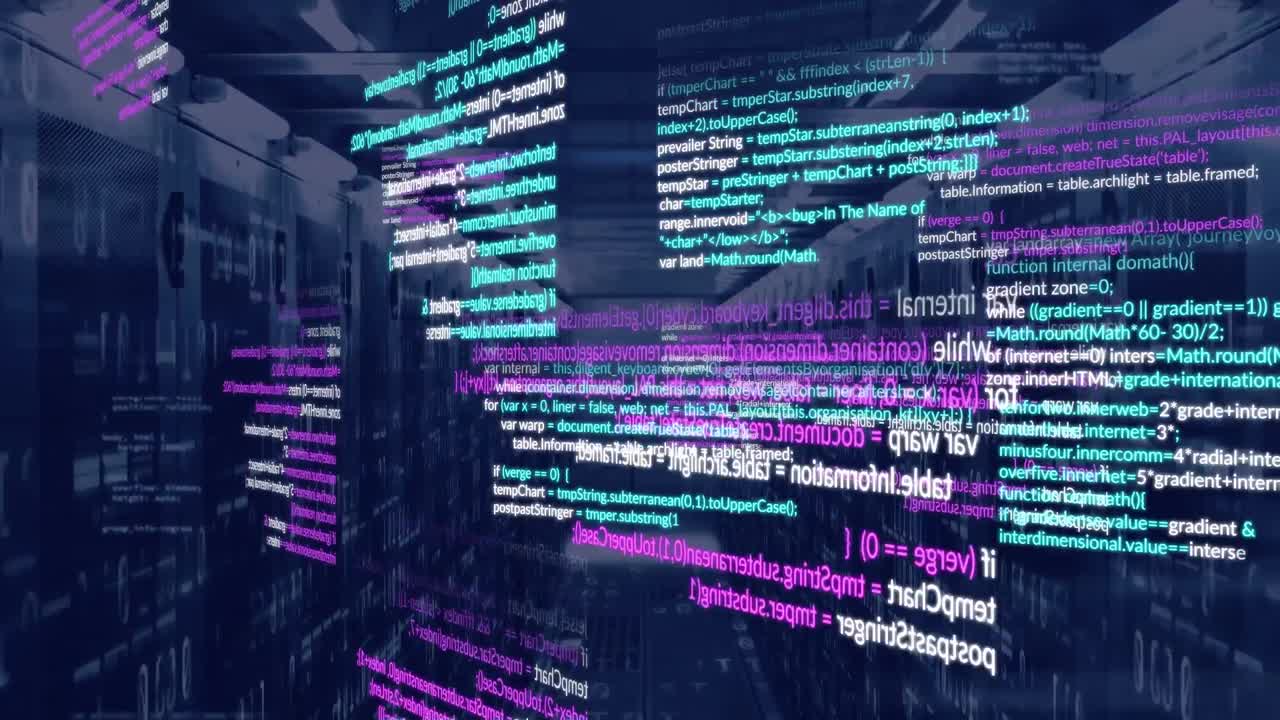 Animation of data processing and binary coding against computer server room